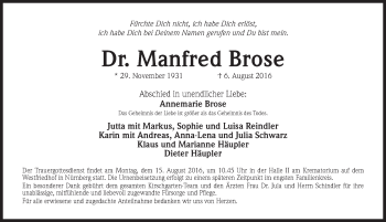 Traueranzeige von Manfred Brose von Gesamtausgabe Nürnberger Nachrichten/ Nürnberger Ztg.