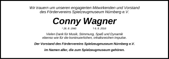 Traueranzeige von Conny Wagner von Gesamtausgabe Nürnberger Nachrichten/ Nürnberger Ztg.