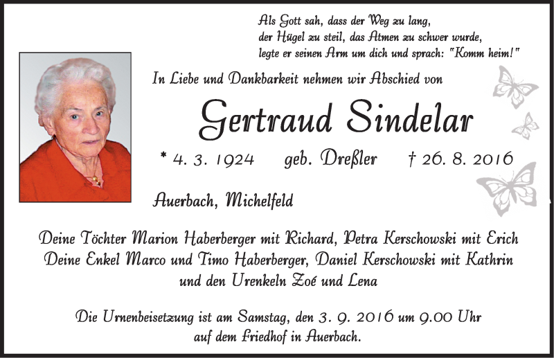  Traueranzeige für Gertraud Sindelar vom 30.08.2016 aus Nordbayerische Nachrichten Pegnitz Lokal