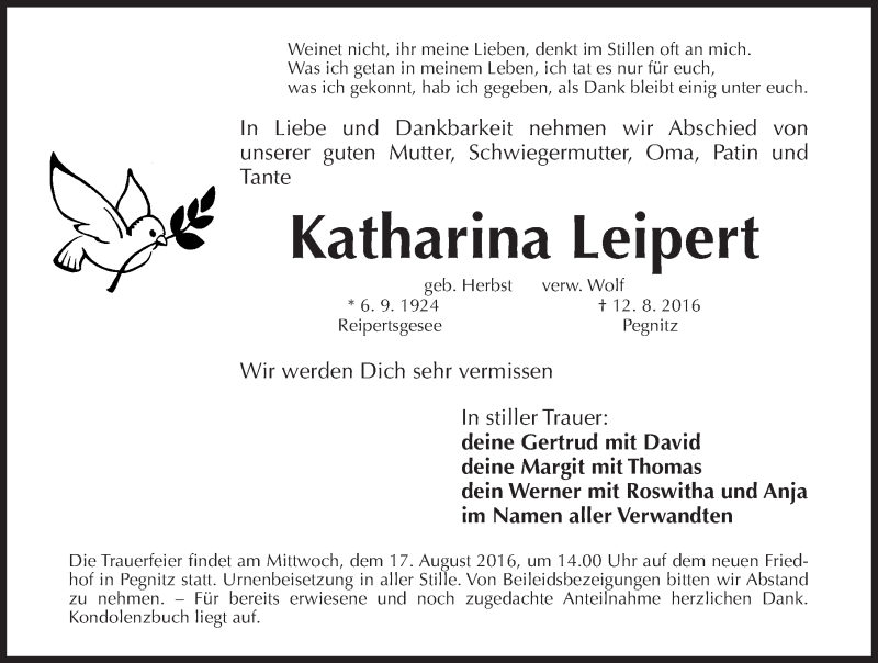  Traueranzeige für Katharina Leipert vom 15.08.2016 aus Nordbayer. Nachrichten Forchheim/ Nordbayer. Nachrichten Pegnitz