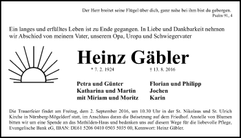 Traueranzeige von Heinz Gäbler von Gesamtausgabe Nürnberger Nachrichten/ Nürnberger Ztg.