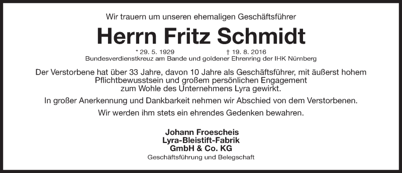  Traueranzeige für Fritz Schmidt vom 27.08.2016 aus Gesamtausgabe Nürnberger Nachrichten/ Nürnberger Ztg.