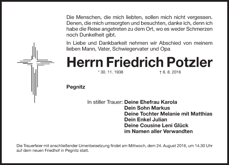  Traueranzeige für Friedrich Potzler vom 23.08.2016 aus Nordbayerische Nachrichten Pegnitz Lokal