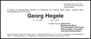 Traueranzeige von Georg Hegele von Gesamtausgabe Nürnberger Nachrichten/ Nürnberger Ztg.