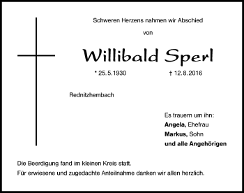 Traueranzeige von Willibald Sperl von Schwabach