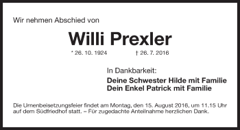 Traueranzeige von Willi Prexler von Gesamtausgabe Nürnberger Nachrichten/ Nürnberger Ztg.