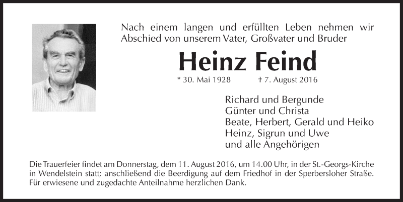  Traueranzeige für Heinz Feind vom 10.08.2016 aus Gesamtausgabe Nürnberger Nachrichten/ Nürnberger Ztg.