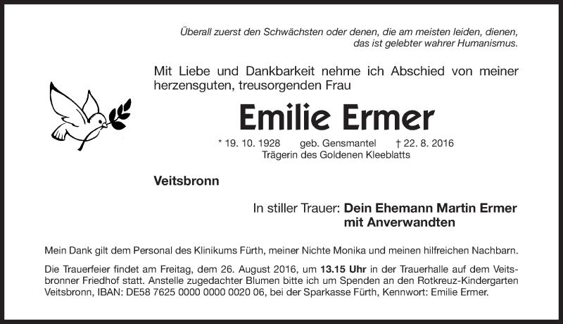  Traueranzeige für Emilie Ermer vom 24.08.2016 aus Fürther Nachrichten Lokal