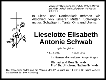 Traueranzeige von Lieselotte Elisabeth Antonie Schwab von Gesamtausgabe Nürnberger Nachrichten/ Nürnberger Ztg.