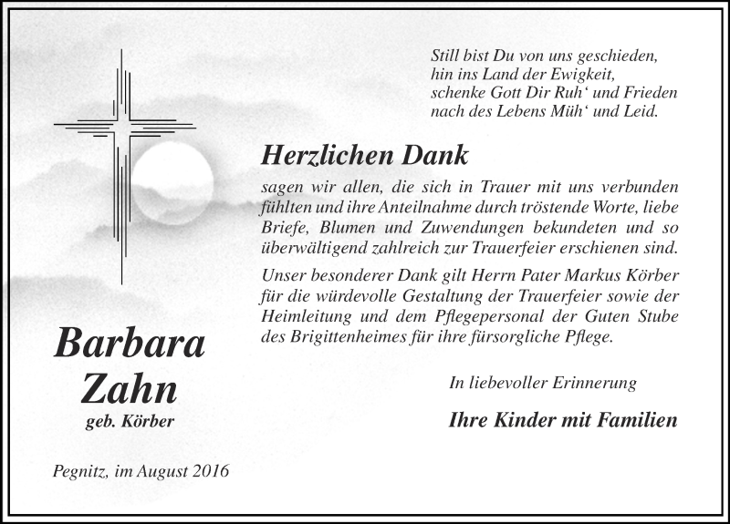  Traueranzeige für Barbara Zahn vom 30.08.2016 aus Nordbayerische Nachrichten Pegnitz Lokal