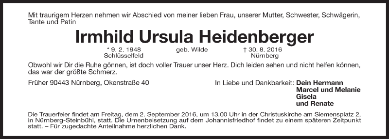  Traueranzeige für Irmhild Ursula Heidenberger vom 01.09.2016 aus Gesamtausgabe Nürnberger Nachrichten/ Nürnberger Ztg.