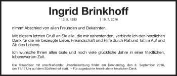 Traueranzeige von Ingrid Brinkhoff von Gesamtausgabe Nürnberger Nachrichten/ Nürnberger Ztg.