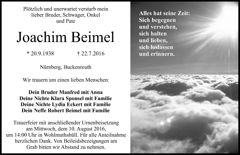  Traueranzeige für Joachim Beimel vom 06.08.2016 aus Nordbayerische Nachrichten Forchheim Lokal