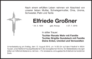 Traueranzeige von Elfriede Großner von Nordbayerische Nachrichten Herzogenaurach Lokal