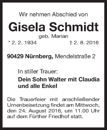 Traueranzeige von Gisela Schmidt von Gesamtausgabe Nürnberger Nachrichten/ Nürnberger Ztg.