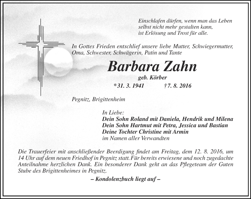  Traueranzeige für Barbara Zahn vom 10.08.2016 aus Nordbayerische Nachrichten Pegnitz Lokal