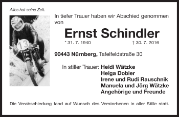 Traueranzeige von Ernst Schindler von Gesamtausgabe Nürnberger Nachrichten/ Nürnberger Ztg.