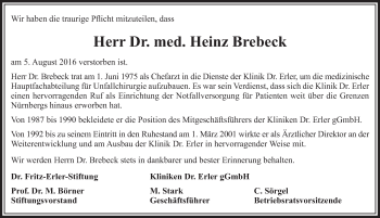 Traueranzeige von Heinz Brebeck von Gesamtausgabe Nürnberger Nachrichten/ Nürnberger Ztg.