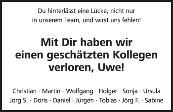 Traueranzeige von Uwe Strobl von Gesamtausgabe Nürnberger Nachrichten/ Nürnberger Ztg.