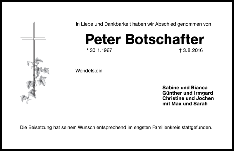  Traueranzeige für Peter Botschafter vom 17.08.2016 aus Schwabach