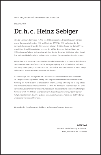 Traueranzeige von Heinz Sebiger von Gesamtausgabe Nürnberger Nachrichten/ Nürnberger Ztg.