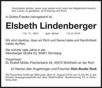 Traueranzeige von Elsbeth Lindenberger von Gesamtausgabe Nürnberger Nachrichten/ Nürnberger Ztg.