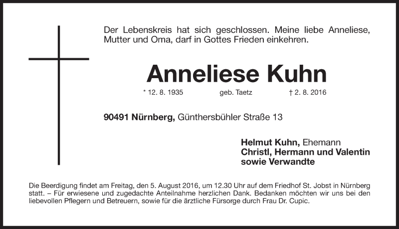  Traueranzeige für Anneliese Kuhn vom 03.08.2016 aus Gesamtausgabe Nürnberger Nachrichten/ Nürnberger Ztg.