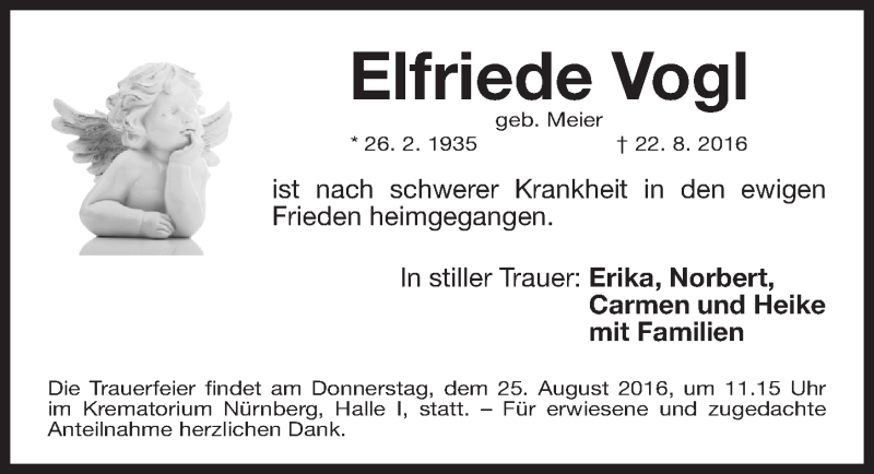  Traueranzeige für Elfriede Vogl vom 24.08.2016 aus Gesamtausgabe Nürnberger Nachrichten/ Nürnberger Ztg.