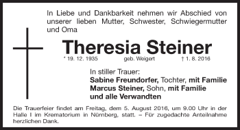Traueranzeige von Theresia Steiner von Gesamtausgabe Nürnberger Nachrichten/ Nürnberger Ztg.