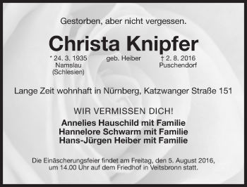 Traueranzeige von Christa Knipfer von Gesamtausgabe Nürnberger Nachrichten/ Nürnberger Ztg.