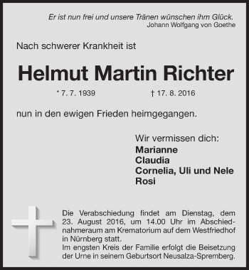 Traueranzeige von Helmut Martin Richter von Gesamtausgabe Nürnberger Nachrichten/ Nürnberger Ztg.