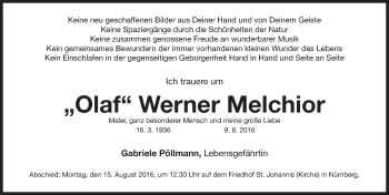 Traueranzeige von Olaf Werner Melchior von Gesamtausgabe Nürnberger Nachrichten/ Nürnberger Ztg.