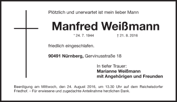 Traueranzeige von Manfred Weißmann von Gesamtausgabe Nürnberger Nachrichten/ Nürnberger Ztg.