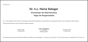 Traueranzeige von Heinz Sebiger von Gesamtausgabe Nürnberger Nachrichten/ Nürnberger Ztg.