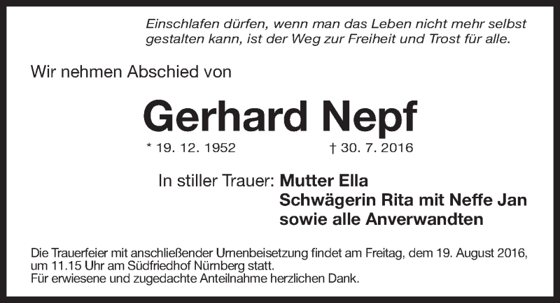  Traueranzeige für Gerhard Nepf vom 06.08.2016 aus Gesamtausgabe Nürnberger Nachrichten/ Nürnberger Ztg.