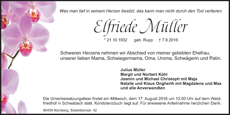  Traueranzeige für Elfriede Müller vom 13.08.2016 aus Gesamtausgabe Nürnberger Nachrichten/ Nürnberger Ztg.