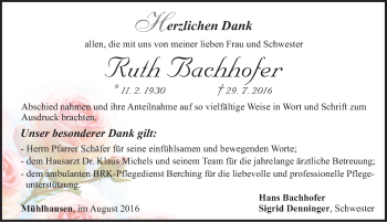 Traueranzeige von Ruth Bachhofer von Neumarkter Nachrichten Lokal