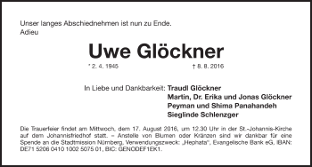 Traueranzeige von Uwe Glöckner von Gesamtausgabe Nürnberger Nachrichten/ Nürnberger Ztg.