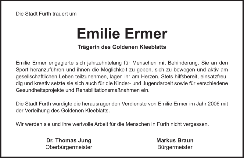  Traueranzeige für Emilie Ermer vom 25.08.2016 aus Fürther Nachrichten Lokal