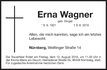 Traueranzeige von Erna Wagner von Gesamtausgabe Nürnberger Nachrichten/ Nürnberger Ztg.