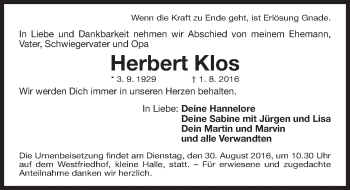 Traueranzeige von Herbert Klos von Gesamtausgabe Nürnberger Nachrichten/ Nürnberger Ztg.
