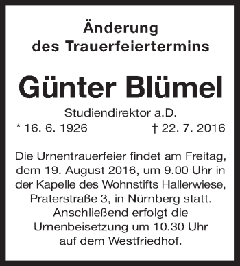 Traueranzeige von Günter Blümel von Gesamtausgabe Nürnberger Nachrichten/ Nürnberger Ztg.