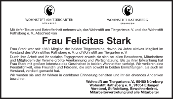Traueranzeige von Felicitas Stark von Gesamtausgabe Nürnberger Nachrichten/ Nürnberger Ztg.