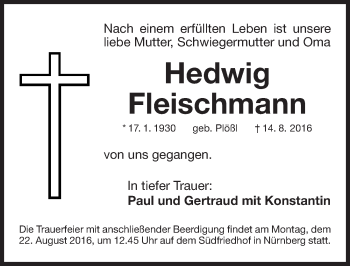Traueranzeige von Hedwig Fleischmann von Gesamtausgabe Nürnberger Nachrichten/ Nürnberger Ztg.