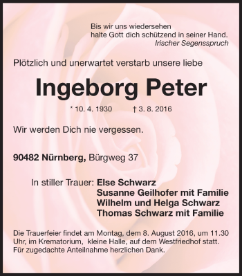 Traueranzeige von Ingeborg Peter von Gesamtausgabe Nürnberger Nachrichten/ Nürnberger Ztg.