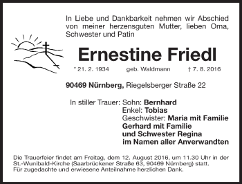 Traueranzeige von Ernestine Friedl von Gesamtausgabe Nürnberger Nachrichten/ Nürnberger Ztg.