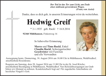 Traueranzeige von Hedwig Greif von Neumarkter Nachrichten Lokal