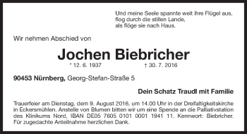 Traueranzeige von Jochen Biebricher von Gesamtausgabe Nürnberger Nachrichten/ Nürnberger Ztg.