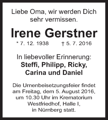 Traueranzeige von Irene Gerstner von Gesamtausgabe Nürnberger Nachrichten/ Nürnberger Ztg.