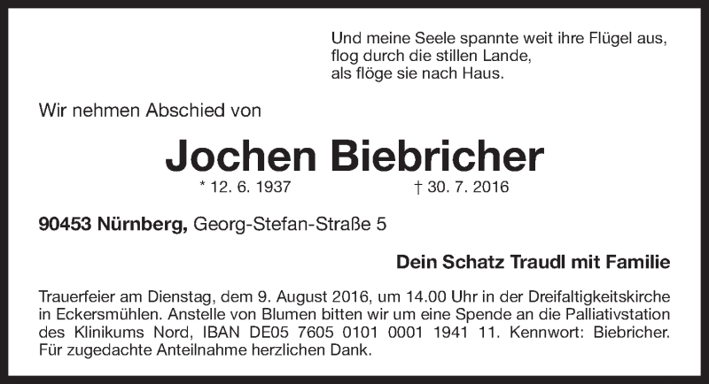  Traueranzeige für Jochen Biebricher vom 06.08.2016 aus Gesamtausgabe Nürnberger Nachrichten/ Nürnberger Ztg.